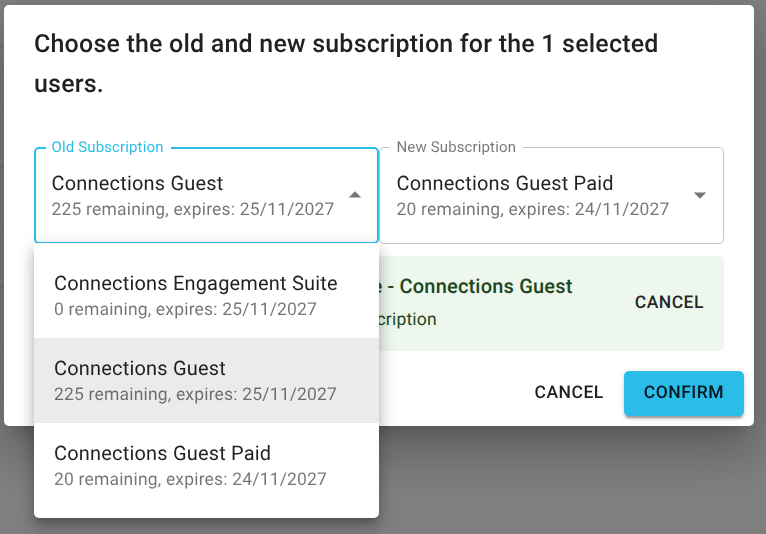 Switch subscriptions dialog